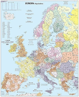 MAPA ŚCIENNA EUROPA KODY POCZTOWE 1:3,4 MLN