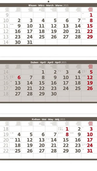 Kalendář nástěnný 2015 - Tříměsíční skládaný šedý