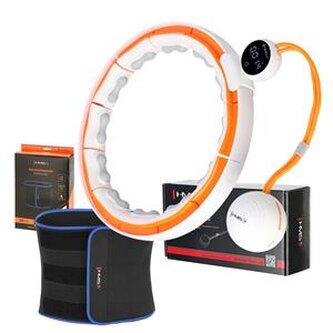SET HHM21 + BR1313 BÍLÁ/ORANŽOVÁ HULA HOOP OBRUČ SE ZÁVAŽÍM, MAGNETY A POČÍTADLEM HMS