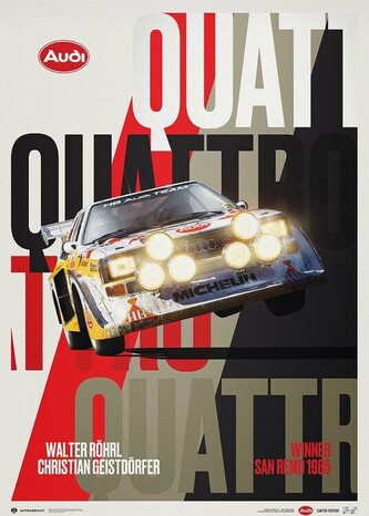 Umělecký tisk AUDI QUATTRO S1 - LEAP - WALTER RÖHRL & CHRISTIAN GEISTDÖRFER - SAN REMO 1985, 50 × 70 cm