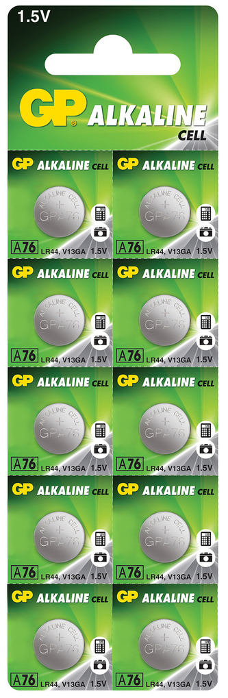 GP baterie LR44 (A76) 1.5V alkalická, 10 kusů, 125mAh