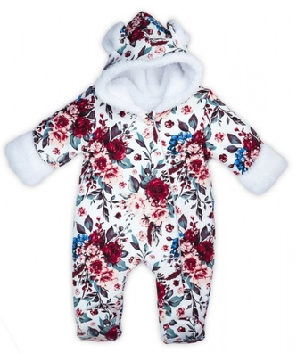 Oteplený kojenecký overal/kombinéza s kapucí, Flowers, bílá/vínová, vel. 74; 74 (6-9m)