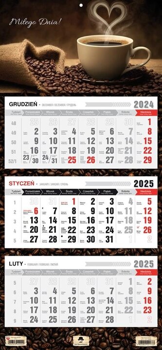 Kalendarz 2025 Trójdzielny płaska główka Kawa