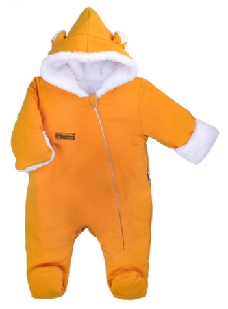 Oteplený kojenecký overal/kombinéza s kapucí, Big Trucks, hořčicový; 68 (3-6m)