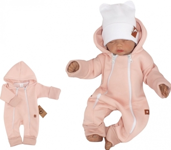 Z&Z Dětský teplákový dvouvrstvý rostoucí overálek s kapucí, pudrový; 56 (1-2m)