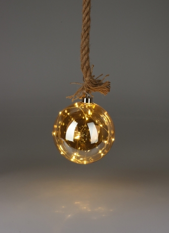 Skleněná jantarová LED koule 20 cm s jutovým provazem