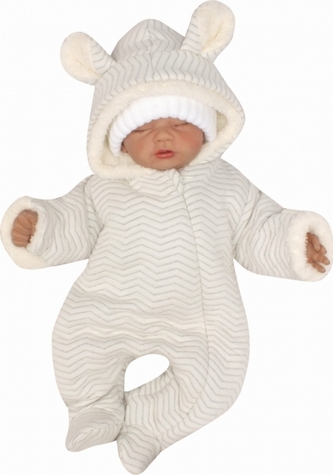 Z&Z Oteplená kombinéza s kožešinou a kapucí s oušky Zigzag - smetanová, vel. 62; 62 (2-3m)