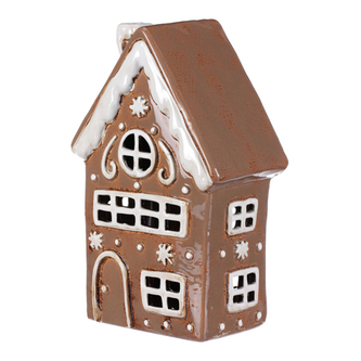 Domek keramický - zdobený, pro vložení čajové/LED svíčky, barva hnědá.