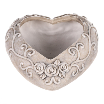 Obal květinový pietní  - tvar srdce s růžemi, polyresin, barva šedá.