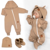 Rostoucí teplákový overal pro miminko, čepice, botky, 3D, Nature - karamelová; 56/62 (0-3m)