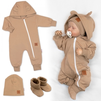 Rostoucí teplákový overal pro miminko, čepice, botky, 3D, Nature - karamelová, vel. 68/74; 68/74 (6-9m)