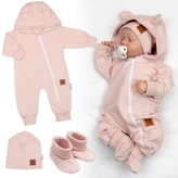 Rostoucí teplákový overal pro miminko, čepice, botky, 3D, Nature - růžová; 56/62 (0-3m)