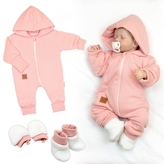 Bavlněný oteplený overálek s kapucí, rukavičky, botky, 3D sada Nature - korálová, vel. 68; 68 (3-6m)
