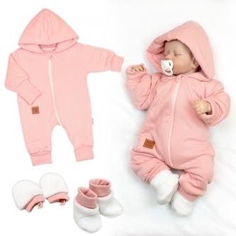 Bavlněný oteplený overálek s kapucí, rukavičky, botky, 3D sada Nature - korálová, vel. 68; 68 (3-6m)