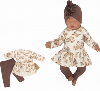 Bavlněná sada, 2D, tunika + legíny s květy - čokoládová/ecru, vel. 86; 86 (12-18m)