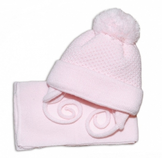 BABY NELLYS Zimní čepička se šálou - růžová s velkou bambulkou; 62/68 (3-6m)