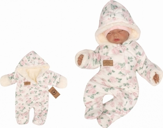 Z&Z Oteplená bavlněná kombinéza s kožešinou a kapucí s mašlí Květy - smetanová, vel. 68; 68 (3-6m)