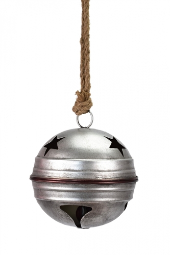 Kovová rolnička stříbrná s patinou na jutovém provaze 19x20x48 cm