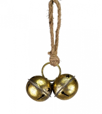 Dvojité kovové rolničky zlaté na jutovém provaze 5x11x20 cm