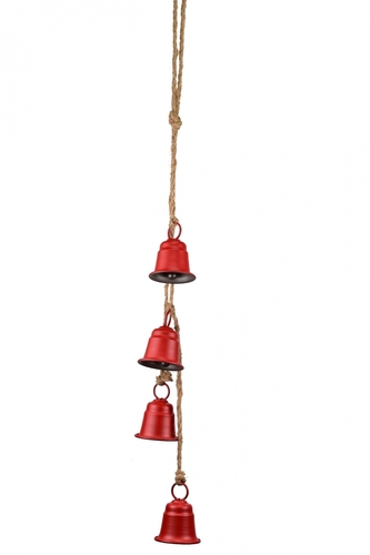 Čtyři červené kovové zvonky na jutovém provaze 7x5,8x75 cm