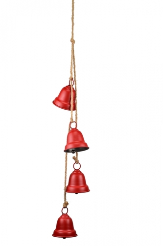 Čtyři červené kovové zvonky na jutovém provaze 9x7,7x75 cm