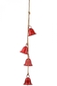 Čtyři červené kovové zvonky na jutovém provaze 8x7,3x75 cm