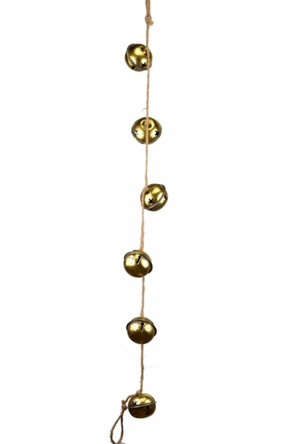 Šest zlatých kovových rolniček na jutovém provaze 4x5x80 cm