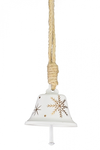 Kovový zvoneček na zavěšení, bílý s vločkama 7x7,5cm