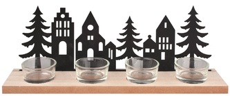 Dřevěný svícen s černými kovovými domky a stromy na 4 svíčky 32 x 12 x 7 cm