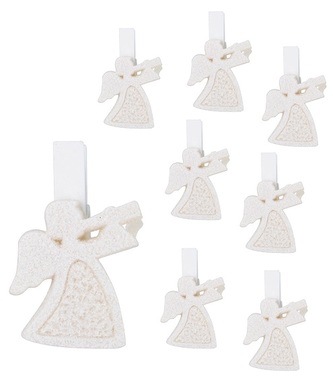 Anděl bílý akryl s glitry 3 cm, na kolíčku, 8 ks