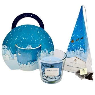 ARÔME Vánoční dárkový  set - hrnek, čaj a svíčka Sáně