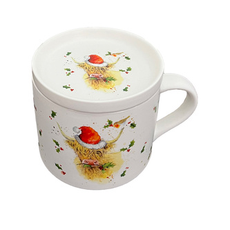 Sada porcelánový hrnek a podtácek vánoční Kráva Jan Pashley Highland Coo