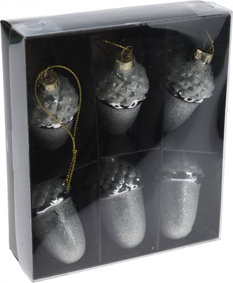 Skleněné baňky -  žaludy stříbrné 6,5x4 cm, sada 6 ks