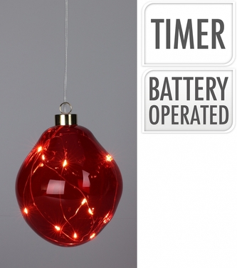 Skleněná baňka s LED, 12 cm červená průhledná