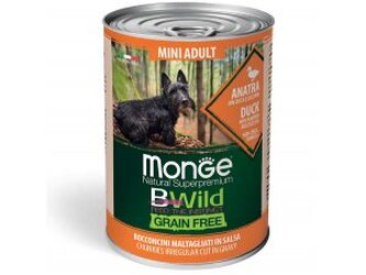MONGE BWILD DOG Mini Adult Grain Free, Kachní kousky v omáčce s dýní a cuketou 400g