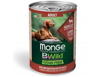 MONGE BWILD DOG Adult Grain Free, Jehněčí kousky v omáčce s dýní a cuketou 400g