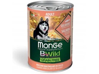 MONGE BWILD DOG Adult Grain Free, Lososové kousky v omáčce s dýní a  cuketou 400g
