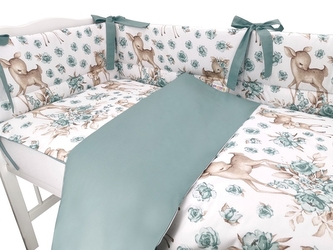 BABY NELLYS 3-dílná sada Mantinel s povlečením, Srnka a růže, mátová, 135x100 cm; 135x100