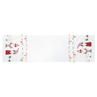 Běhoun bílý - vánoční, okraje se skřítky, 100% polyester, 40 x 150 cm.