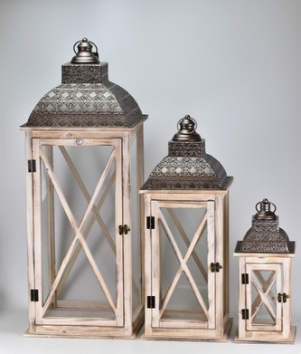 Dřevěná lucerna bílo-hnědá s patinou, sada 3 ks