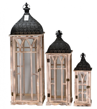 Dřevěná lucerna hnědá s patinou, sada 3 ks