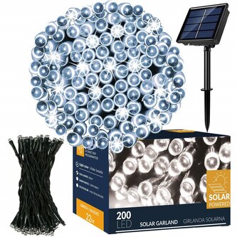 LED řetěz - 22m, 200LED, 8 funkcí, solar, IP44, studená bílá