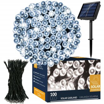 LED řetěz - 12m, 100LED, 8 funkcí, solar, IP44, studená bílá