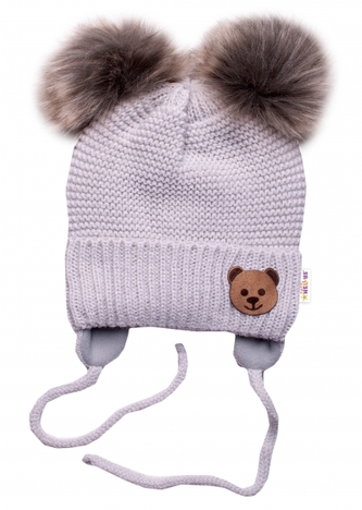 Dětská zimní čepice s fleecem Teddy Bear - chlupáčk. bambulky - sv. šedá, šedá,BABY NELLYS; 56-68 (0-6 m)