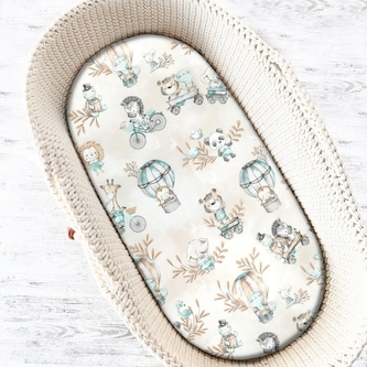 Dětské bavlněné prostěradlo do kočárku, koše, ZOO na cestách - mátová/cappuccino; 90x40