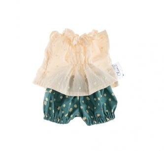 Oblečky pro panenky, tunika a kraťasky, Puntíky - ecru/zelená Oblečky pro panenky, tunika a kraťasky, Puntíky - ecru/zelená