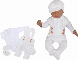 Z&Z 5-dílná pletená sada Boy, body, kalhoty, čepička, motýlek, botičky, bílá, vel. 74; 74 (6-9m)