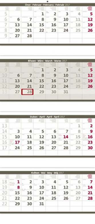 Kalendář nástěnný 2017 - 4měsíční/šedý skládaný s jmenným kalendáriem