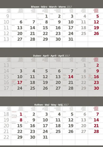 Kalendář nástěnný 2017 - 3měsíční/šedý s jmenným kalendáriem