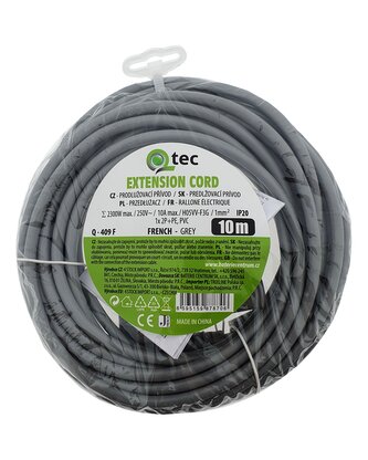 Prodlužovací přívod šedý 1 zásuvka, 10m, Q-409F QTEC
